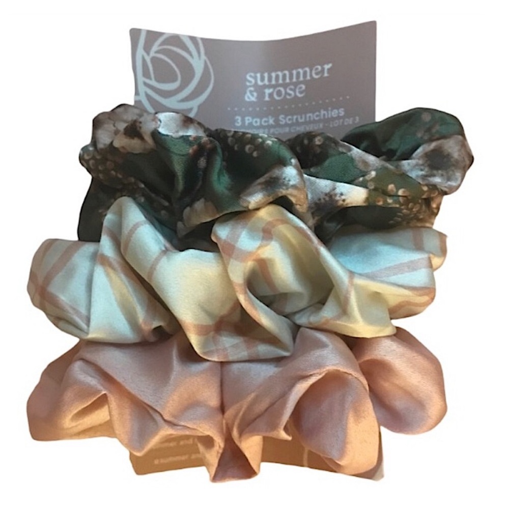 summer & rose Scrunchies - Set of 3 in Pink, Beige/Pink Plaid and Green Floral